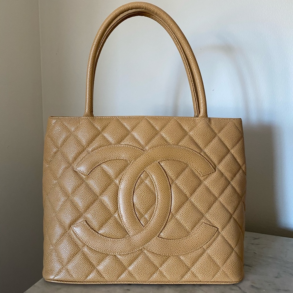 CHANEL Caviar Quilted Medallion Tote in Tan